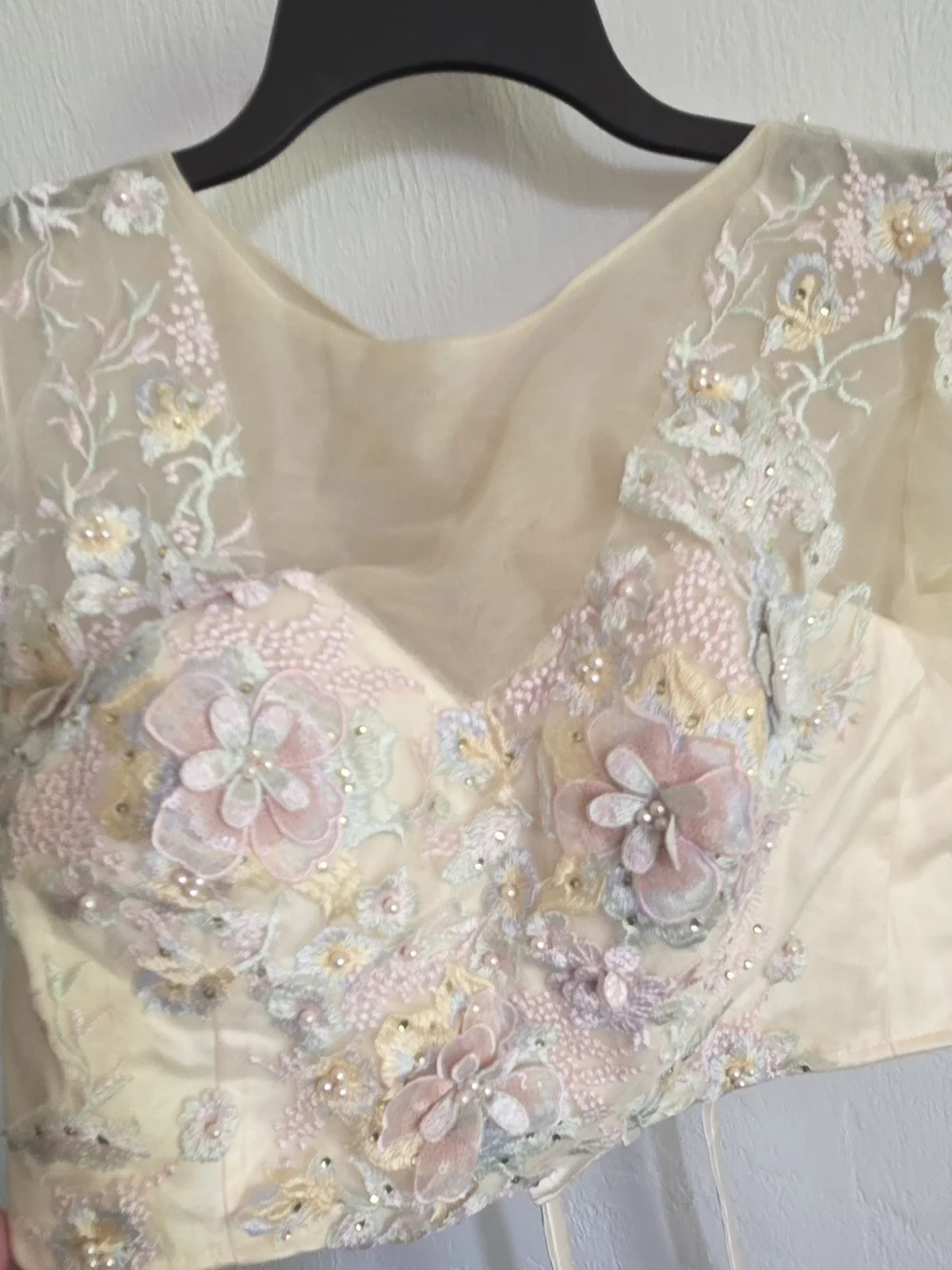 Fairycore 3D Flower Applique Top | Pastel Beaded Bridal Bustier Blouse | Sheer